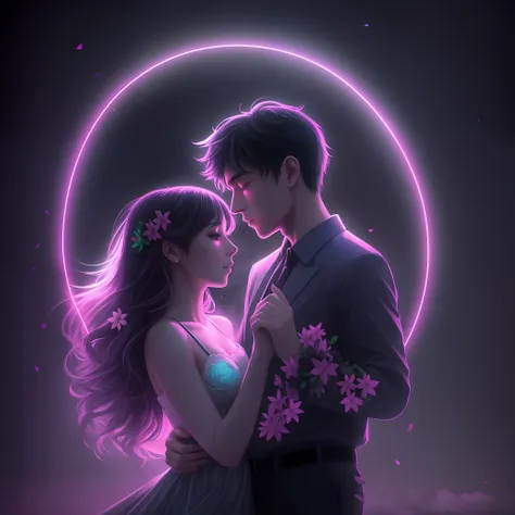 (high quality), (dark), (neon) couple dancing in the dark in the moonlight with fog, snow and flowers falling from the sky --aut...