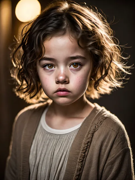 (Modelshoot style), A sad little and homeless girl ((dressing an old torn clothes)), (shy), 1girl, solo, brown and curly and messy hair, very detailed face, beautiful eyes, [chubby], adorable, with rosy cheeks and bright, sad eyes, stunningly beautiful, (R...