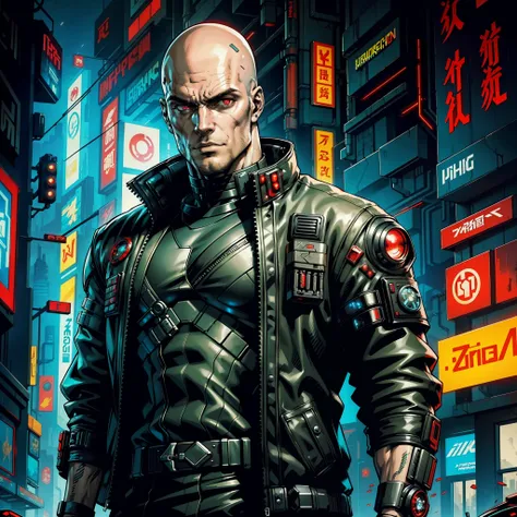 A closeup of a man in a futuristic costume with red eyes, cyberpunk character art, metabaron, science fiction, scifi, shadowrun character art, cyberpunk hero, portrait of a cyberpunk man, splash shadowrun art, epic scifi character art, portrait of a cyberp...