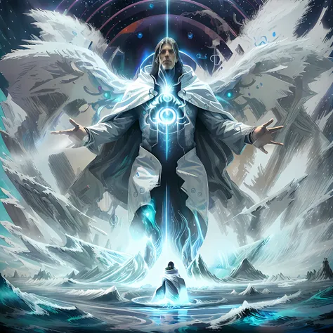 god gigantic man wrapped in a white cloak emerging from the ocean waters in front of a vortex, magical portal in the sky illumin...