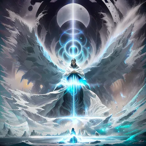 god gigantic man wrapped in a white cloak emerging from the ocean waters in front of a vortex, magical portal in the sky illumin...