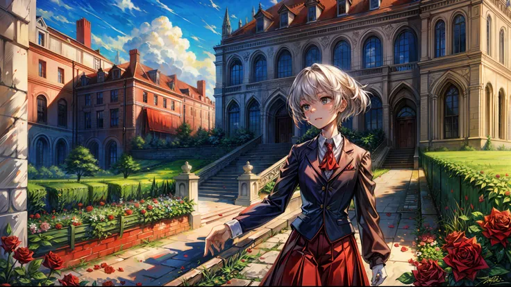 Masterpiece, top quality, realistic, school, rose garden, brick Victorian cityscape, vast, depth, far, angle of pull, style (Style-Empire: 1.3), (Absurdity: 1.2), (Masterpiece: 0.8), (Depth of field: 0.8), (Well textured: 0.7), (Windy: 0.6), (Clouds: 0.8),...