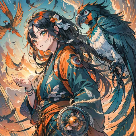 masterpiece, best quality, {best quality}, {{masterpiece}}, {highres}, drawing, 2d digital drawing, anime, 1girl, anime girl, adult, exotic, long hair, colored hair, heterochromia, colors, colorful, orange sky, macaw, macaw, bird, bird, bird, japanese clot...
