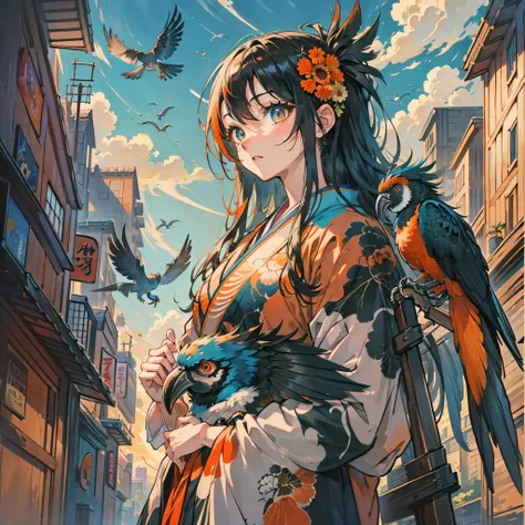 masterpiece, best quality, {best quality}, {{masterpiece}}, {highres}, drawing, 2d digital drawing, anime, 1girl, anime girl, adult, exotic, long hair, colored hair, heterochromia, colors, colorful, orange sky, macaw, macaw, bird, bird, bird, japanese clot...