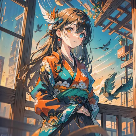 masterpiece, best quality, {best quality}, {{masterpiece}}, {highres}, drawing, 2d digital drawing, anime, 1girl, anime girl, adult, exotic, long hair, colored hair, heterochromia, colors, colorful, orange sky, bird, bird, bird, peacock, japanese clothing,...