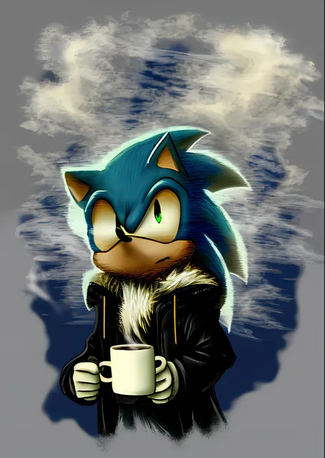 sonic the hedgehog, male, solo, wearing a black coat, and holding a mug, smoke coming out from the top of the mug, ultra detaile...