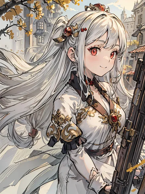 ((masterpiece,best quality)),1girl, long hair, white hair,  solo,[wedding dress|bikini],  red eyes, looking at viewer, standing, building, gloves, hair ornament,smile, floating hair, dutch angle, closed mouth, looking away, outdoors,