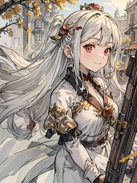 ((masterpiece,best quality)),1girl, long hair, white hair,  solo,[wedding dress|bikini],  red eyes, looking at viewer, standing, building, gloves, hair ornament,smile, floating hair, dutch angle, closed mouth, looking away, outdoors,