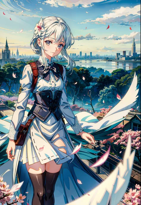 masterpiece, best quality,
1girl, backlighting, white hair, solo, smile, white skirt, (flying petal:1.2), (flowery meadow),
sky, cloudy sky, building, sun