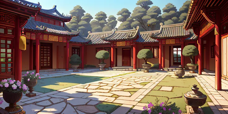 masterpiece, the best quality, high quality, extremely detailed, ancient chinese courtyard is generally composed of courtyards, ...