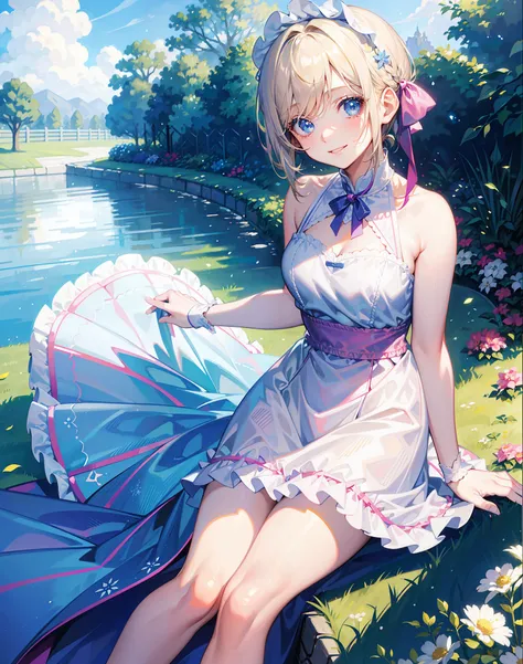 masterpiece, garden, blue sky, thin blonde, short hair, long eyelashes, blue eyes, pink maid outfit, smile, ribbon in hair, gentle expression