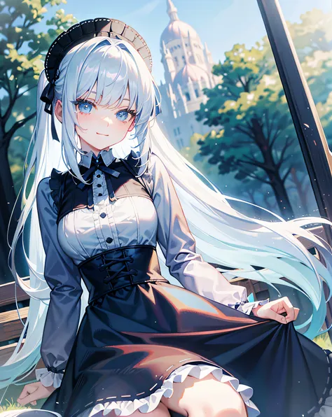 masterpiece, park, blue sky, white hair, long hair, blunt bangs bangs, long eyelashes, blue eyes, black gothic lolita, smile, ri...