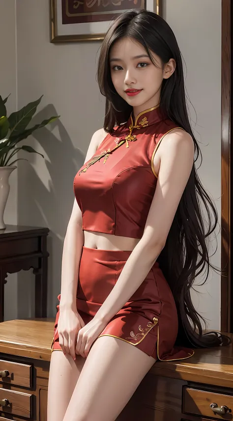 Real people, highest quality, masterpiece, exquisite CG, peerless beauty, delicate and beautiful facial features, cute girl, long black hair, oily red lips, sweet smile, smile, smile without teeth, delicate skin, shiny, moisturized skin, blushing face, lea...