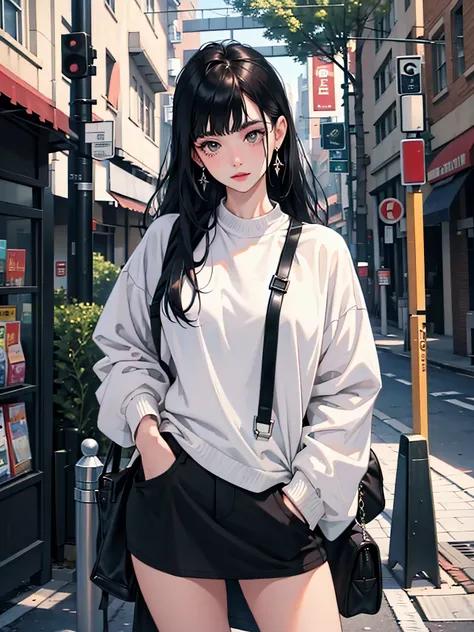 young woman 25 years old: 1.3, long black hair: 1.2, casual wear: 1.2, daytime: 1.2, on the street: 1.2, film lighting, surreali...