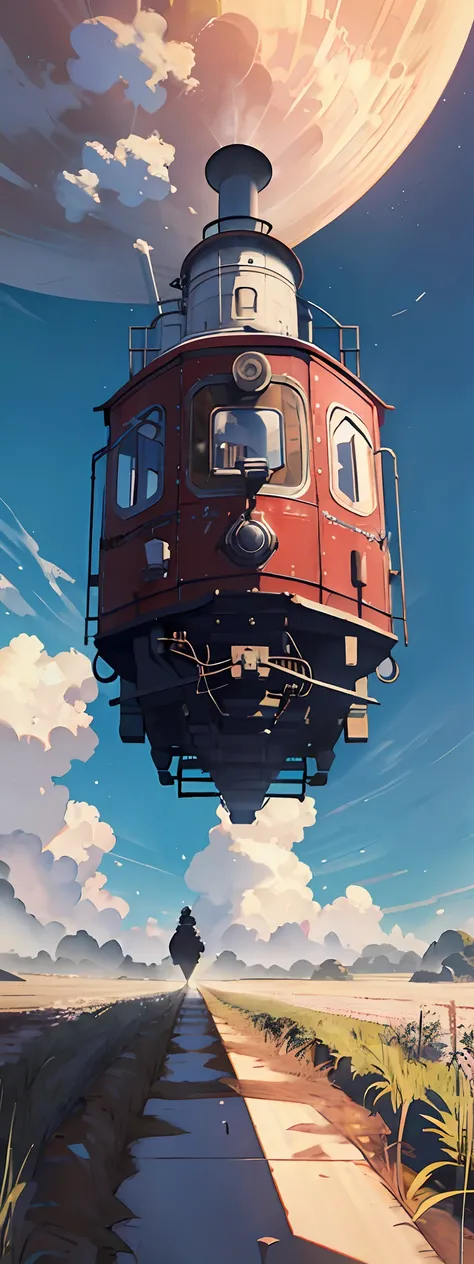 virtual steam locomotive flying to the moon, (a view from below that shows sky above and open field below), 4k, HDR, SF