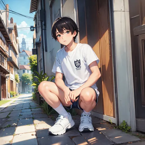 masterpiece, best quality, one boy, , shorts, white socks