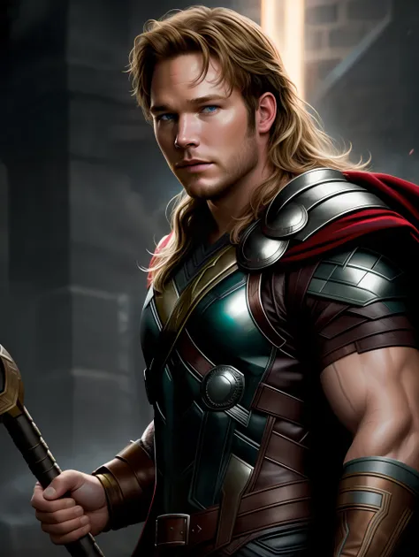 Cinematic soft lighting illuminates a stunningly detailed and ultra-realistic Chris Pratt as Thor God of Thunder from Thor movies, that is trending on ArtStation. Octane is the perfect tool to capture the softest details of this 16k photography masterpiece
