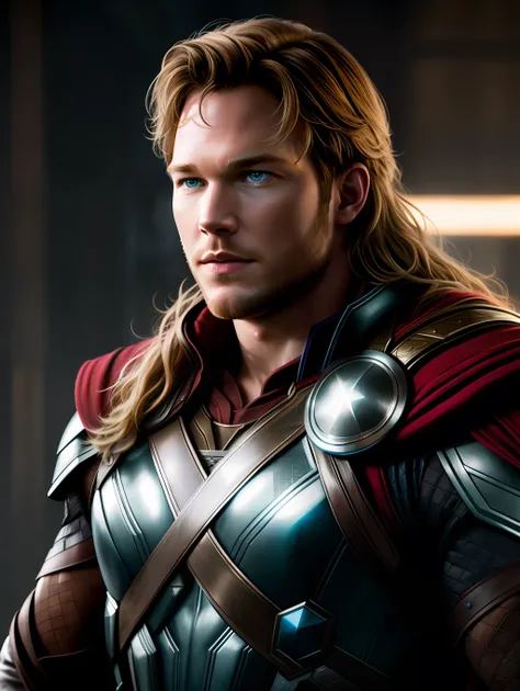 Cinematic soft lighting illuminates a stunningly detailed and ultra-realistic Chris Pratt as Thor God of Thunder from Thor movies, that is trending on ArtStation. Octane is the perfect tool to capture the softest details of this 16k photography masterpiece