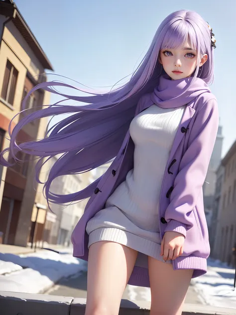 (masterpiece:1.1), (detailed:1.1), (realistic:0.8), 1girl, (pale purple hair:1.2) + (long hair:1.1), medium breasts, (sweater dr...