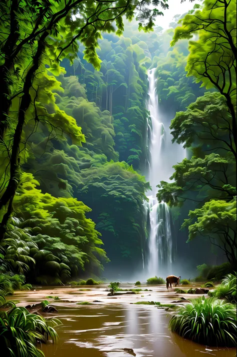 photo taken from afar, deep in the jungle, detailed, wet mud floor, rainy weather, a lush and vibrant landscape with huge trees ...