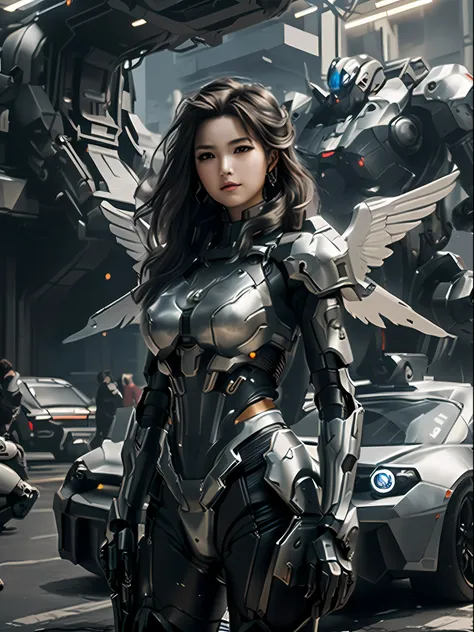 araffe woman in a futuristic suit standing in front of a car, mechanized valkyrie girl, girl in mecha cyber armor, beautiful cyb...