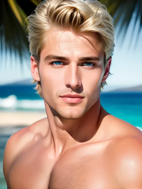 cinematic soft lighting illuminates a stunningly detailed and ultra-realistic handsome greek male supermodel, beach look, ultra ...