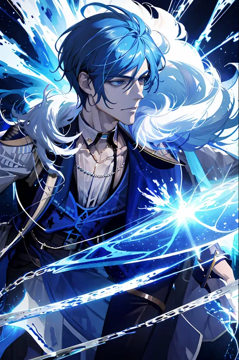 (absurdres, highres, ultra detailed), 1 male solo, mature, handsome, tall muscular guy, broad shoulders, blue hair, eyepatch, finely detailed eyes and detailed face, extremely detailed CG unity 8k wallpaper, intricate details, (style-swirlmagic:0.8), po...