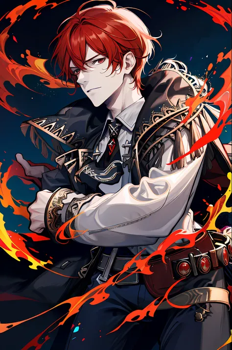 (absurdres, highres, ultra detailed), 1 male solo,  mature, handsome, tall muscular guy, broad shoulders, red hair, red eyes, finely detailed eyes and detailed face, extremely detailed CG unity 8k wallpaper, intricate details, (style-swirlmagic:0.8),   por...