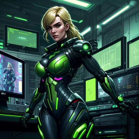 "(green cyberpunk tactical suit:1) (1woman) dark theme :: focus on closeup face, sexy face, :: Kate Winslets face, medium blonde hair :: bangs :: ultra realistic futuristic scifi cyberpunk agent athletic woman, ((laboratory room background with many comput...