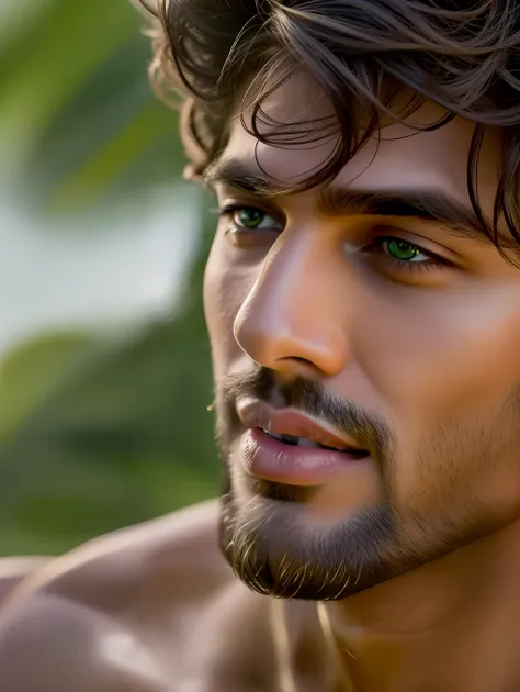 Cinematic soft lighting illuminates a stunningly detailed and ultra-realistic handsome Indian male supermodel, beach look, military short messy windy light brown hair, clear green eyes, captivating perfect smile, sensual, hot man, insanely handsome, that i...