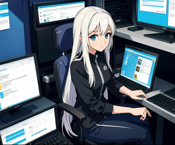 a woman with long hair sitting in front of a computer.