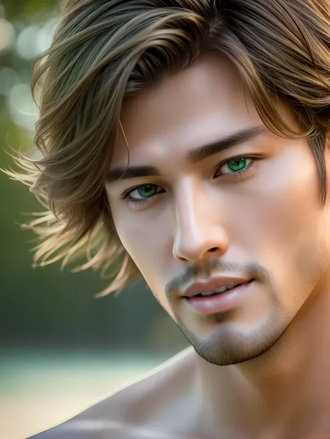 Cinematic soft lighting illuminates a stunningly detailed and ultra-realistic handsome Japanese male supermodel, beach look, ultra short messy light brown hair, clear green eyes, captivating perfect smile, sensual, hot man, insanely handsome, that is trend...