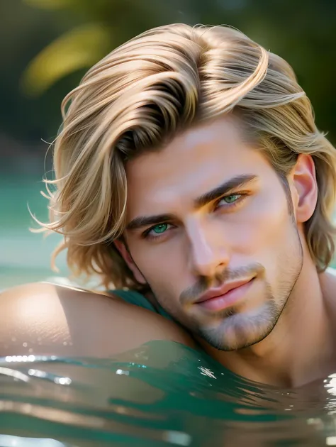 Cinematic soft lighting illuminates a stunningly detailed and ultra-realistic beautiful Greek male supermodel, beach look, short messy windy dark blonde hair, clear green eyes, captivating perfect smile, sensual, hot man, handsome, that is trending on ArtS...