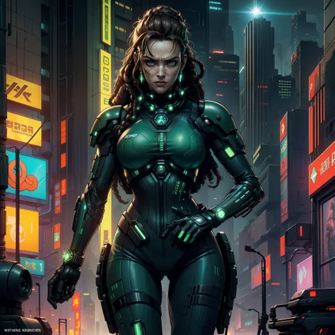 "(light green cyberpunk tactical combat suit:1) (1woman) dark theme :: focus on closeup face, Kate Winslets face, angry face, :: long brown afro hair :: ultra realistic futuristic scifi cyberpunk agent athletic woman, (((arms made of metal and crystal)))),...