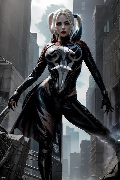 symbiote, full body front view visible on feet: 1.5, headlights: 1.5, standing role: 1.2, beautiful face: 1.6, full body, dc and...