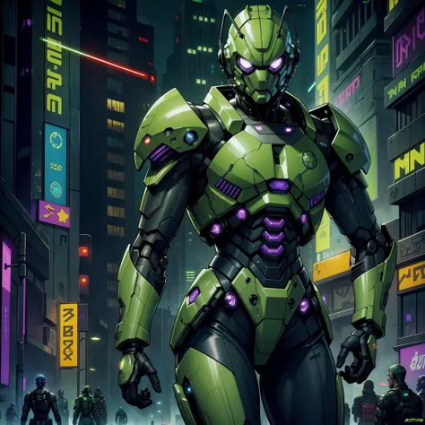 "(((green and purple cyberpunk Mantis tactical suit:1))) (1man) dark theme :: focus on closeup face, indifferent face, :: Brad Pitts face, long light blonde hair, :: ultra realistic futuristic soldier scifi cyberpunk shadowrun strong man, ((background stre...