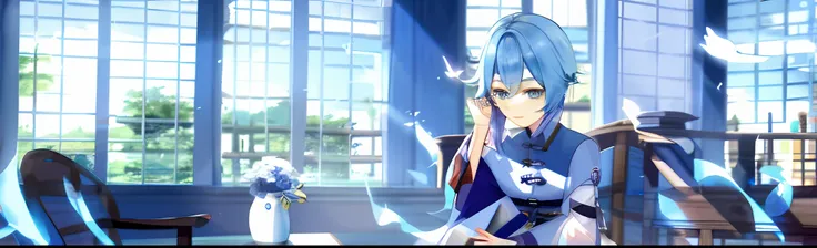 a genshin impact character with blue hair reads a book surrounded by flowers