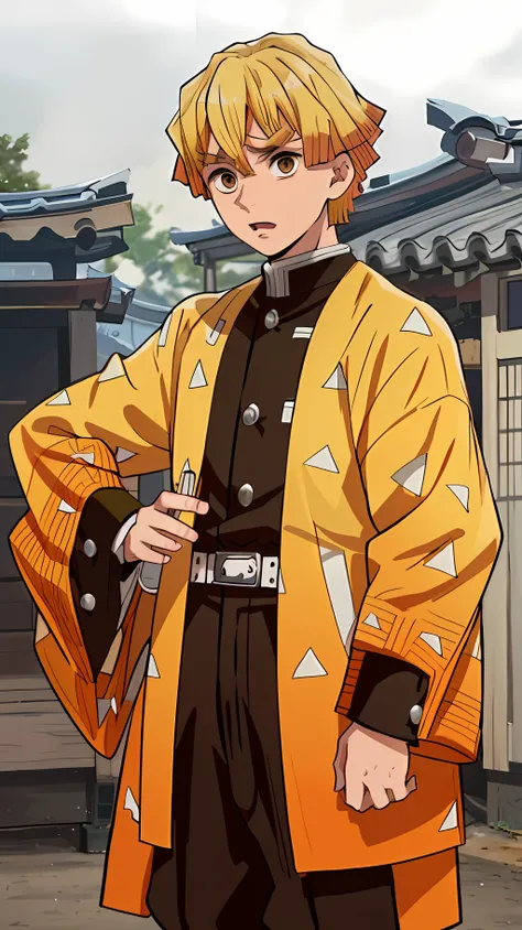 1boy, demon slayer uniform, male focus, solo, blonde hair, japanese clothes, triangular print, haori, long sleeves, short hair, jacket, white belt, outdoor, agatsuma zenitsu, thick eyebrows, brown eyes,serious,holding his sword,various yellow rays everywhe...