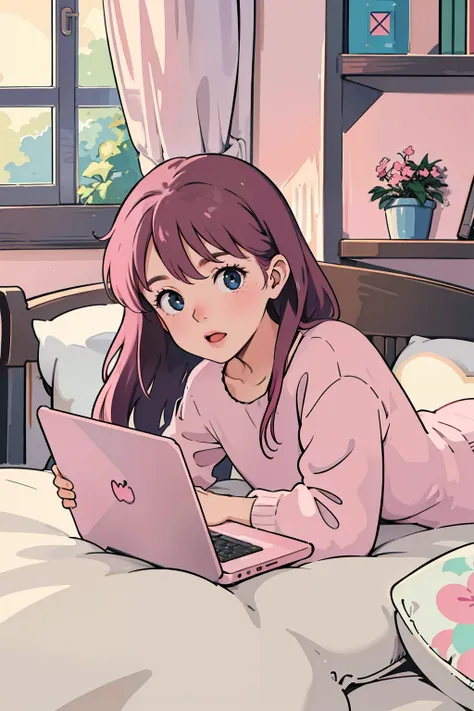 (masterpiece: 1.4), (best quality: 1.4), (high definition: 1.4), girl, pink hair, long hair, one girl, lying in bed, laptop open...