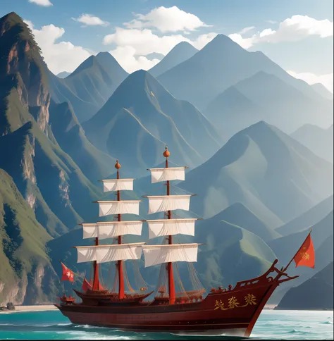 zheng he's treasure ship, ming dynasty baochuan, 张郑和的宝船明朝宝船, with mountains in background.