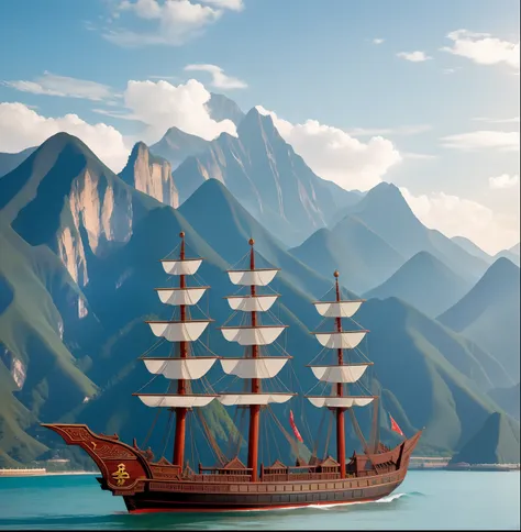 zheng he's treasure ship, ming dynasty baochuan, 张郑和的宝船明朝宝船, with mountains in background.