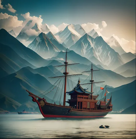 zheng he's treasure ship, ming dynasty baochuan, 张郑和的宝船明朝宝船, with mountains in background. high resolution, detailed, raw photo,...