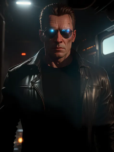 Movie scene, T-3000 close-up shot from the Terminator movies, distorted space, distorted undead in the background, lens flares, light shafts, intricate details, highly detailed, volumetric lighting, 4k rendering, stock photo, hyperrealistic, realistic textures, dramatic lighting, Unreal Engine