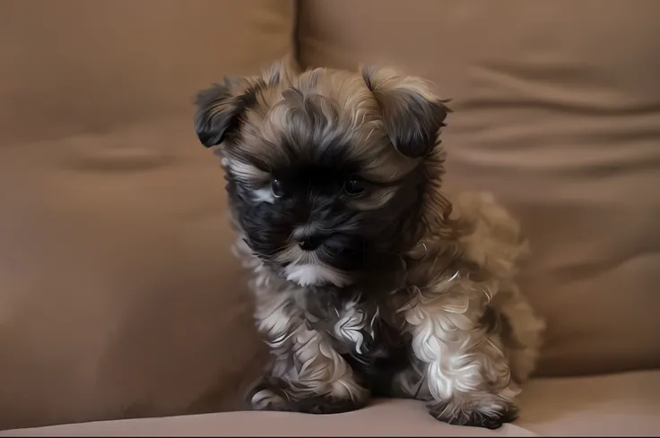 there is a small dog sitting on a couch with a pillow, shih tzu, puppy, cutest, incredibly cute, puppies, kitten puppy teddy mix, scruffy looking, detailed photograph, extremely cute, bella, super adorable, taken with canon 8 0 d, looking cute, fluff, take...
