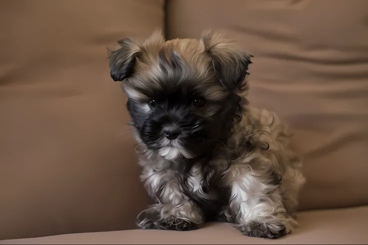 there is a small dog sitting on a couch with a pillow, shih tzu, cutest, puppy, incredibly cute, taken with canon eos 5 d, taken with canon 8 0 d, bella, puppies, taken with a canon eos 5d, taken with a canon eos 5 d, fluff, a handsome, super cute, super a...