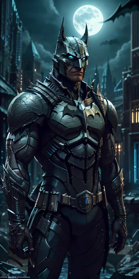 batman from the dark knight stands imposing in a gothic lost city. moonlight highlights your muscles and scars. the scenery is l...