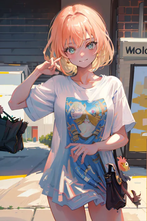(8k, highest quality, best quality, masterpiece, highly detailed:1.2),
1girl, upper body, woman looks like (Margot Robbie), wearing boyfriend shirt and panty, (naked shirt, shirt tug), shy, half smile, midday, from below
