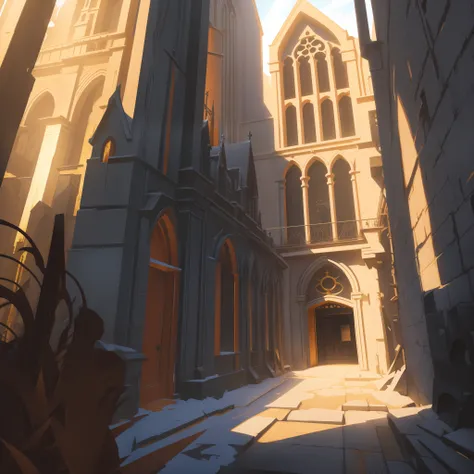 Church, telescopic, hidden space, God light, Gothic church, Gnaku, warehouse, black iron warehouse, golden church, fantasy, false, detailed, lie,
