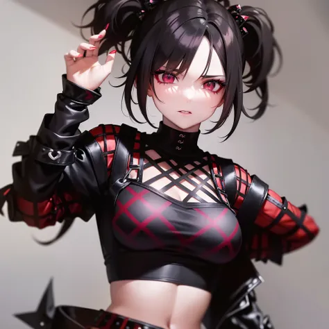 a close up of a woman wearing a black and red top and a red plaid skirt, dressed in crustpunk clothing, portrait of kim petras, gothcore, dressed in punk clothing, profile pic, witchcore clothes, punk rock clothes, beautiful female punk, profile image, got...