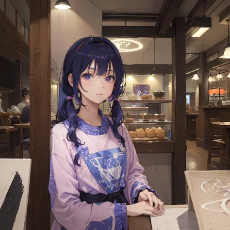 (masterpiece, best quality:1.4), 1girl, looking at viewer, (short pigtails hair:0.8), dark purple hair, blue streaks on hair, (o...